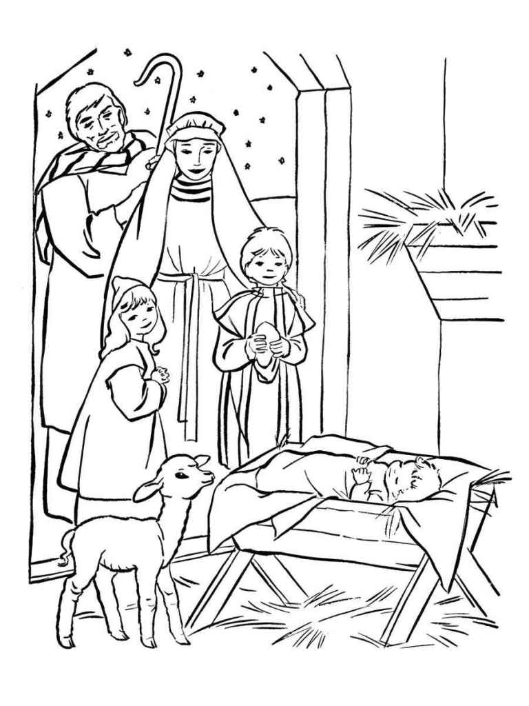 Nativity scene coloring page.