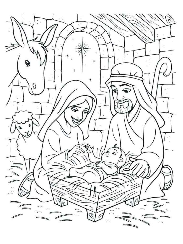 Nativity scene coloring page.