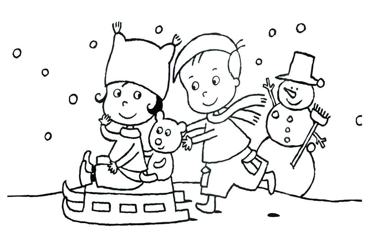 Children and snowman coloring page.