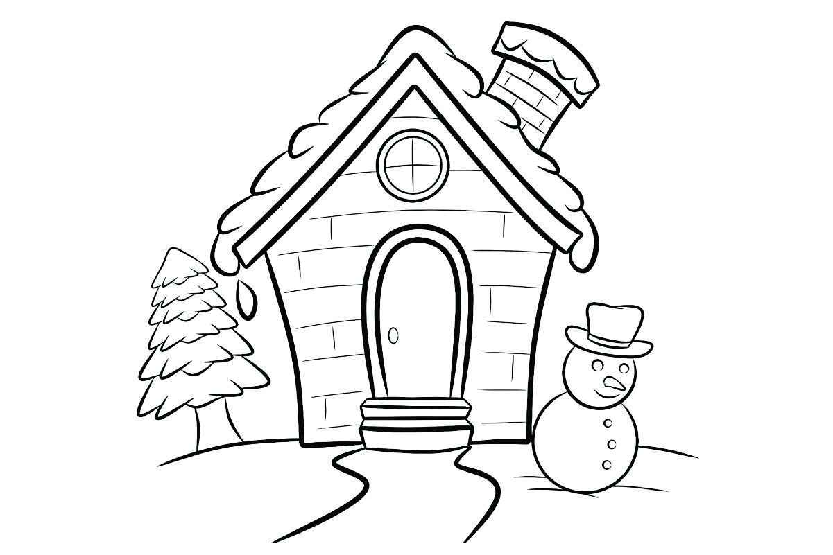 Coloring page of a little house with a pine tree and a snowman.