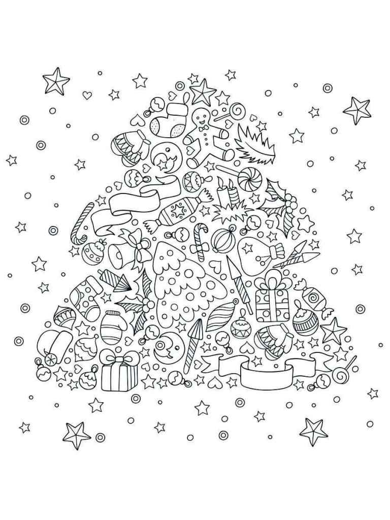 Decorated Christmas tree coloring page.