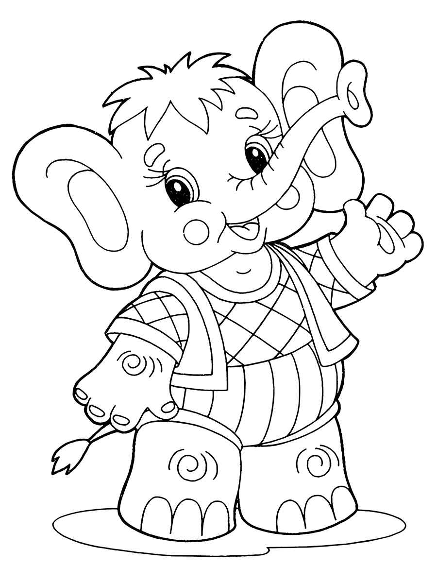 Printable elephant coloring page with clothes