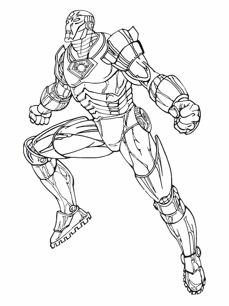 Printable coloring page of Iron Man in his metallic armor, ready to battle villains.