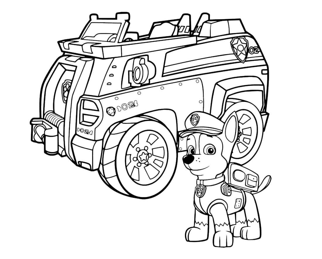 Printable Paw Patrol coloring page of Chase with a car