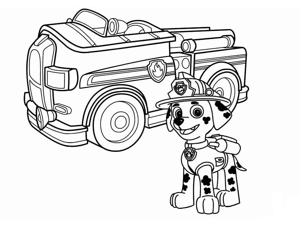 Printable Paw Patrol coloring page of Marshall with a car number 100