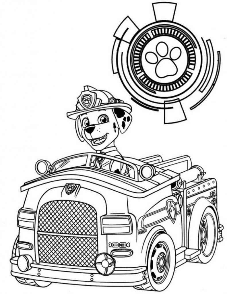 Printable Paw Patrol coloring page of Marshall with a car