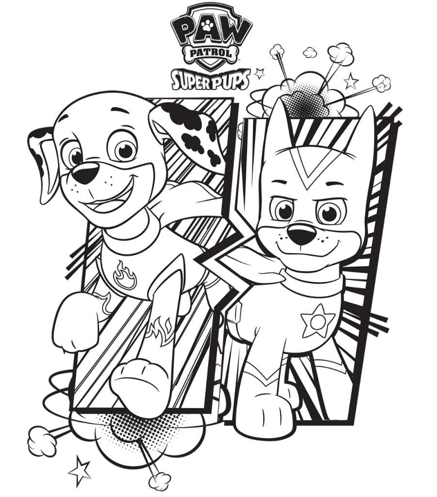 Printable Paw Patrol coloring page of Marshall and Tracker