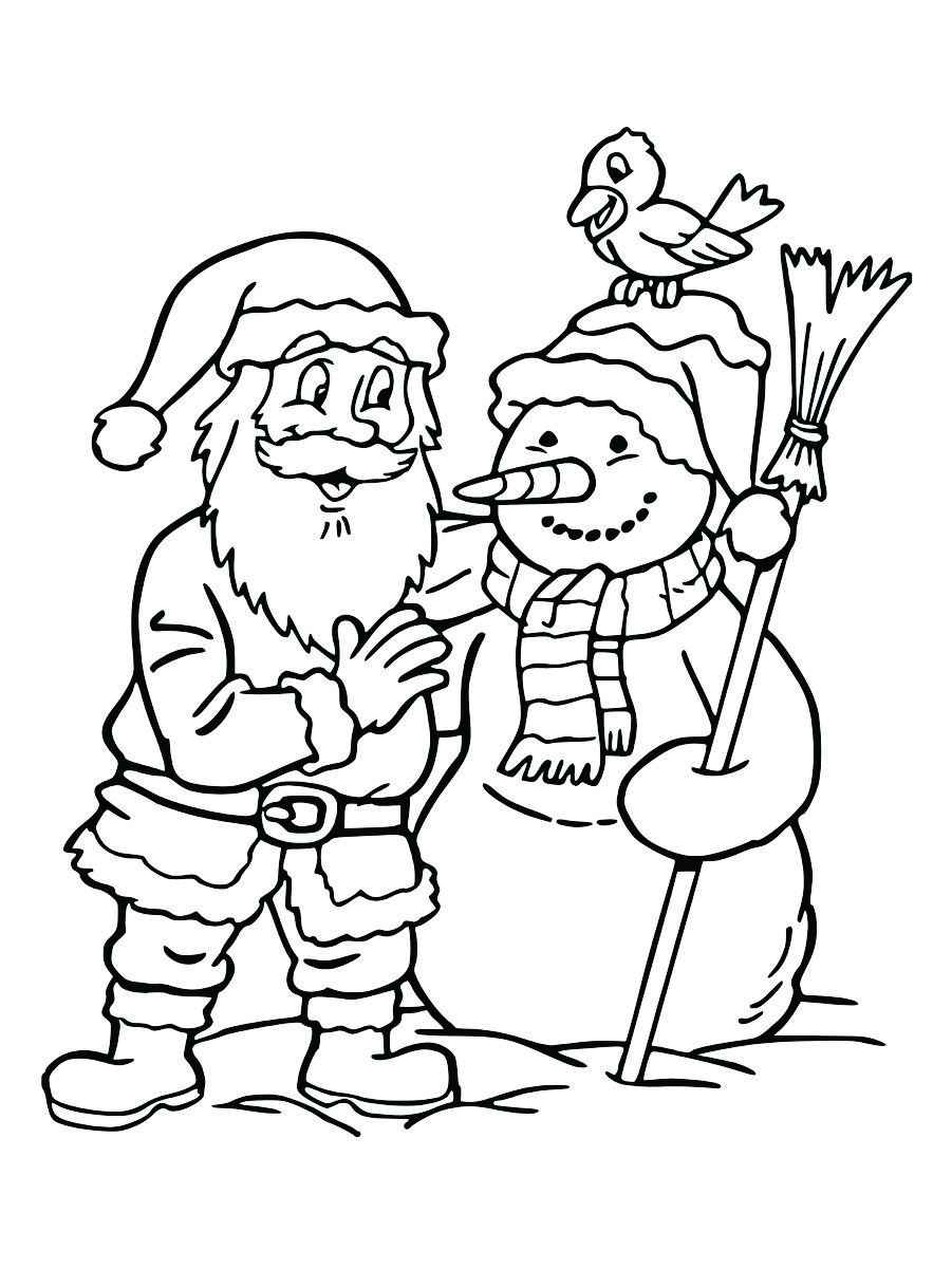 Santa Claus standing next to a snowman, ready for coloring.