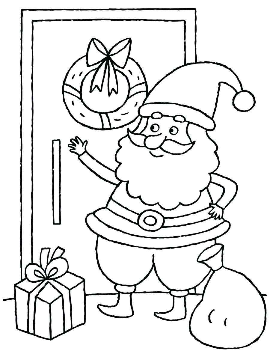 Santa Claus at the doorstep delivering presents, ready for coloring.