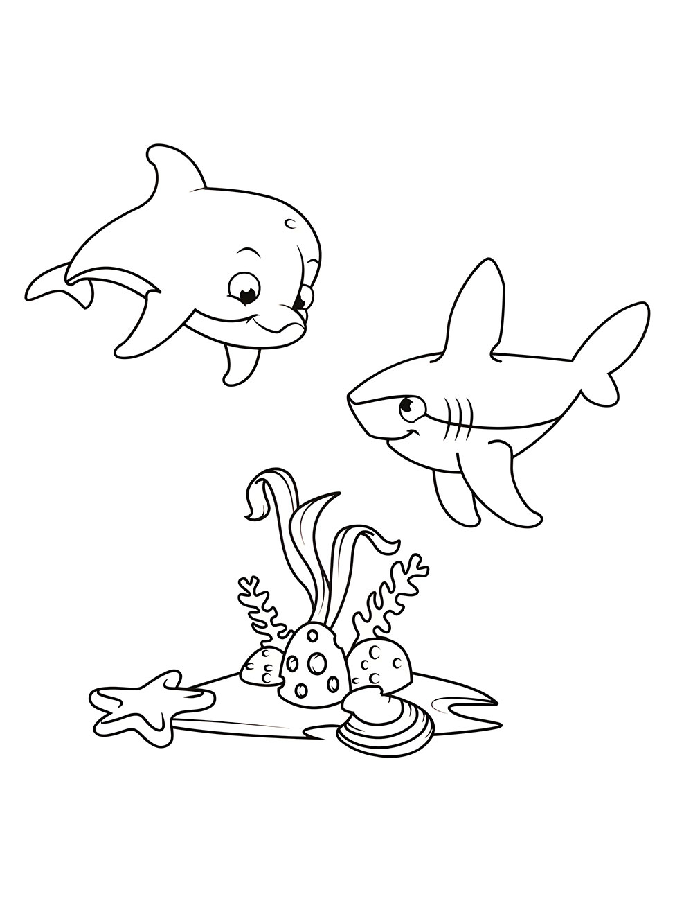 Printable coloring page of a shark.