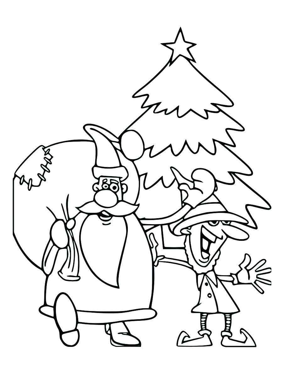 Coloring page of Santa Claus and a Christmas tree.