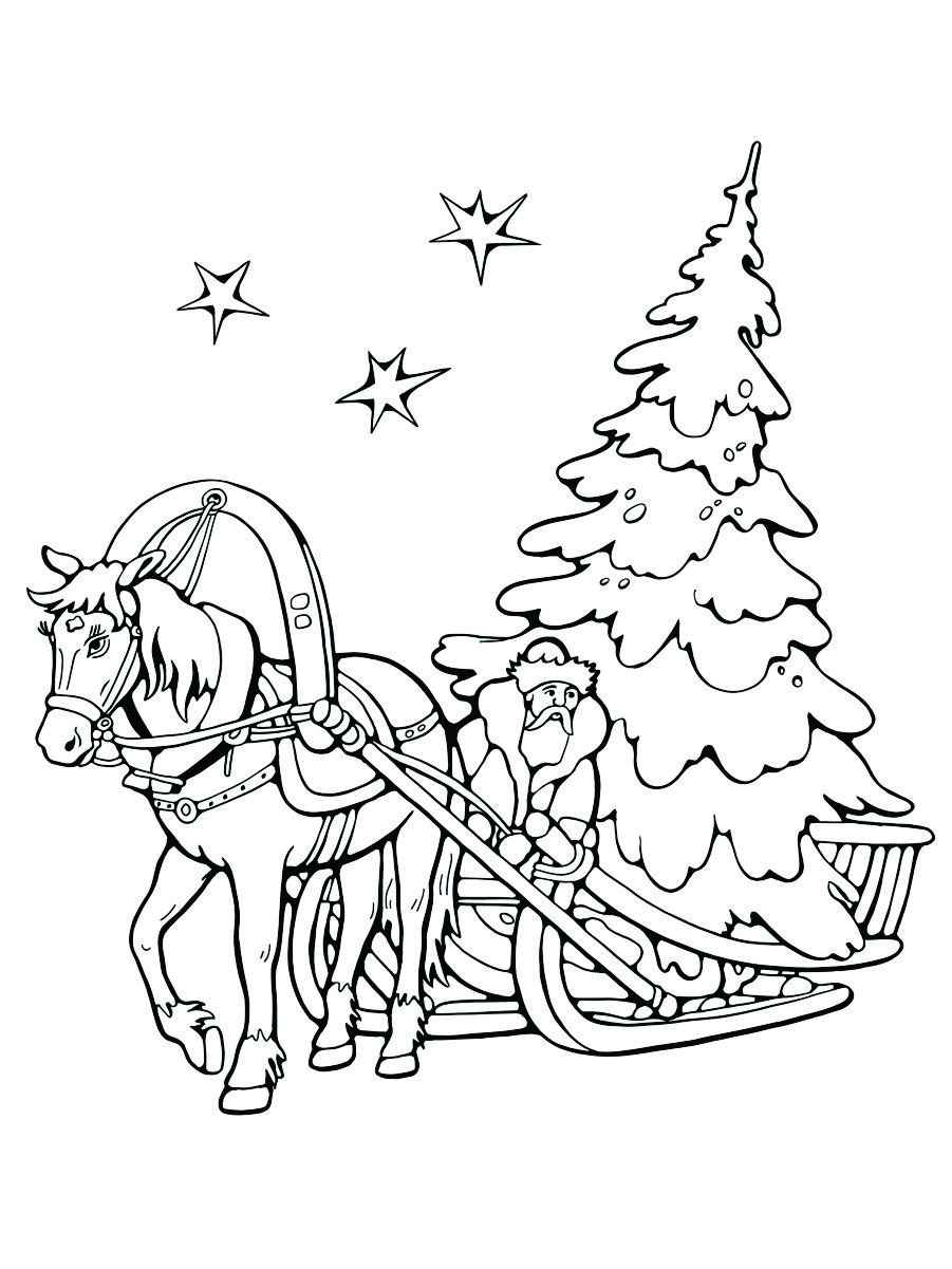 Coloring page of Santa Claus carrying a Christmas tree in a cart