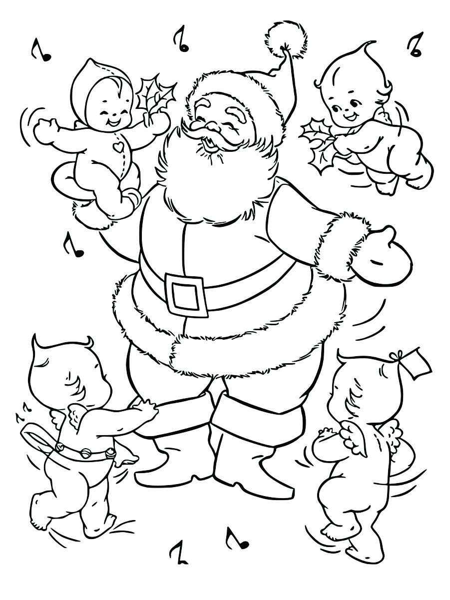 Printable coloring page of Santa Claus playing with several babies.