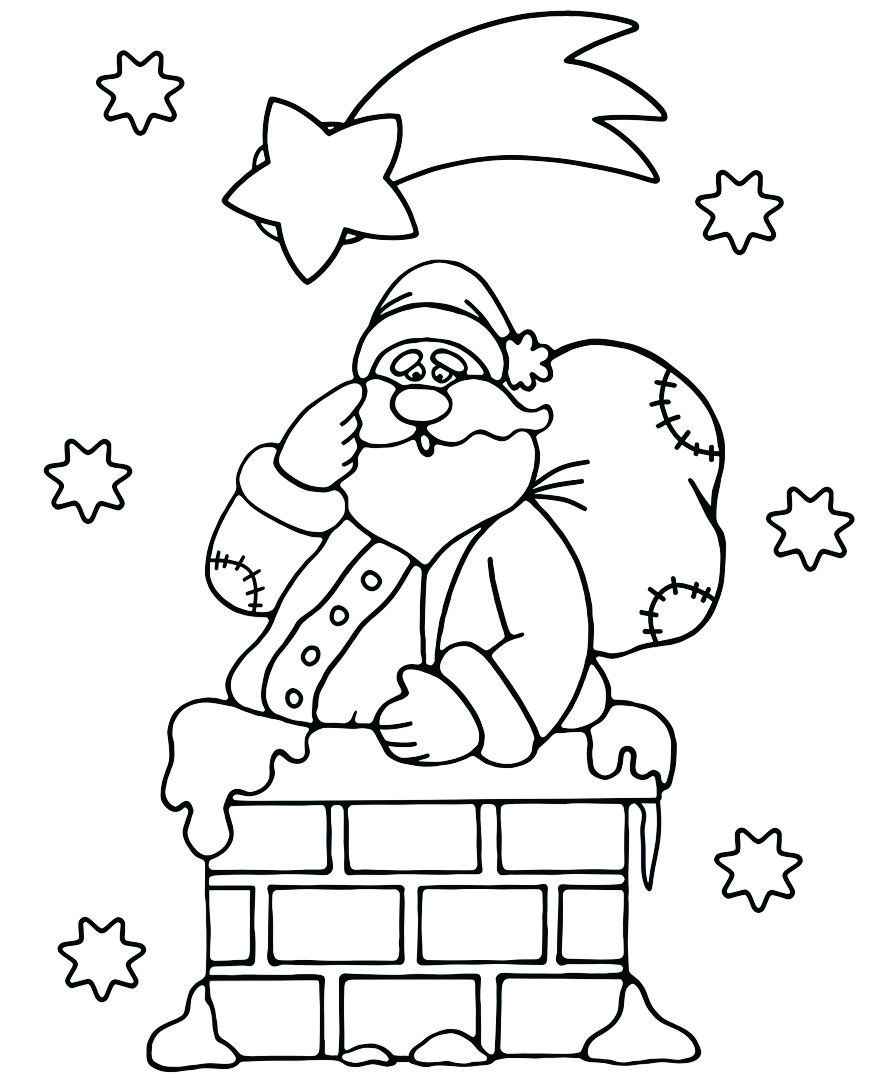 Coloring page of Santa Claus entering a chimney.