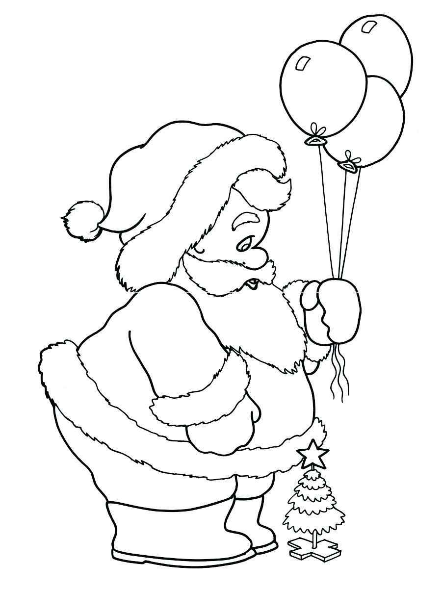 Santa Claus holding balloons next to a small Christmas tree, perfect for coloring.