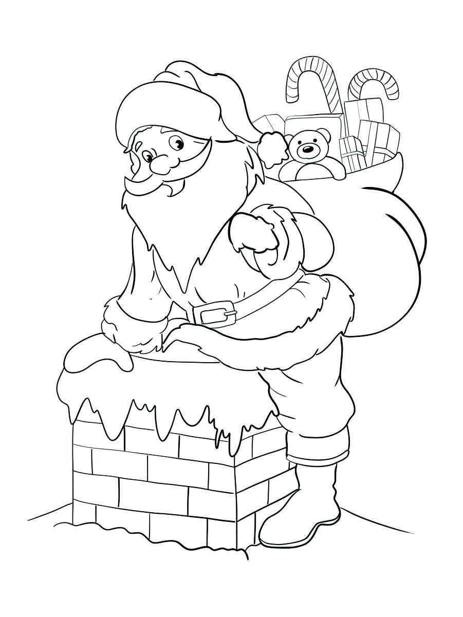 Santa Claus with presents climbing down the chimney, ready for coloring.

