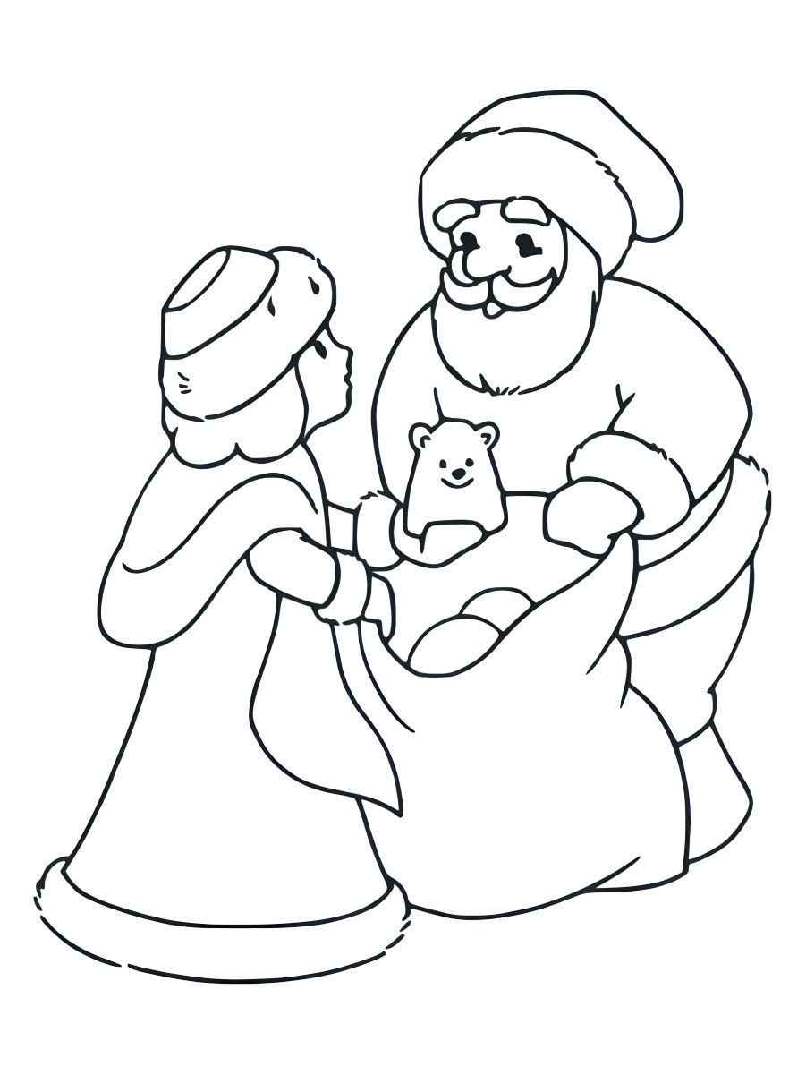 Santa Claus giving a present to a girl, perfect for coloring.