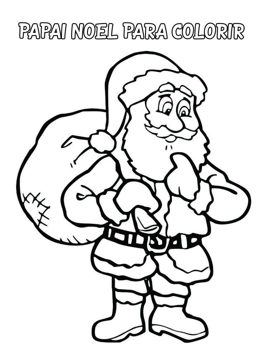 Santa Claus looking thoughtful with a bag of gifts, ready for coloring.