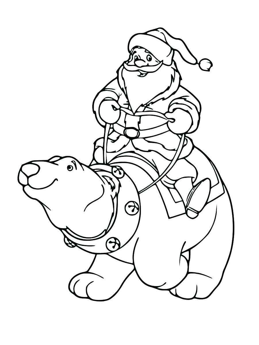 Santa Claus riding a bear, ready for coloring fun.