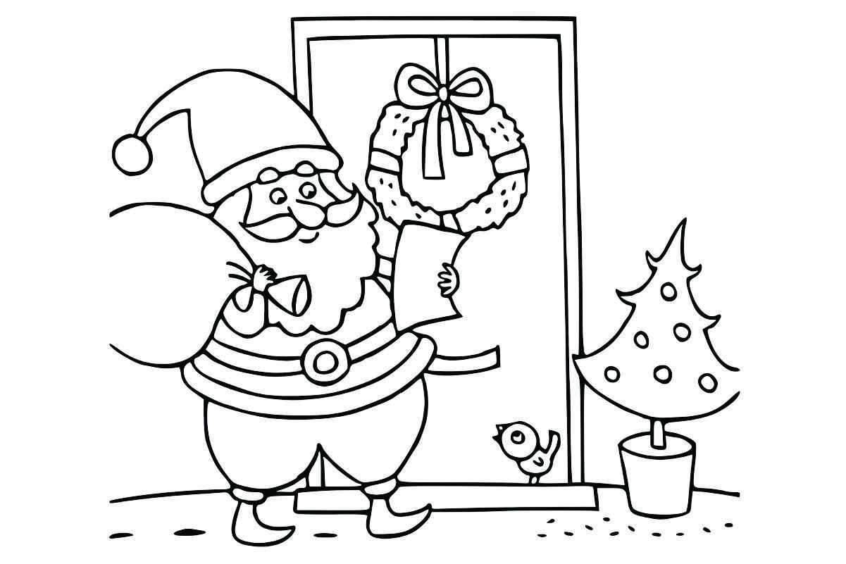 Santa Claus reading a Christmas card while holding a bag of gifts, ready for coloring.