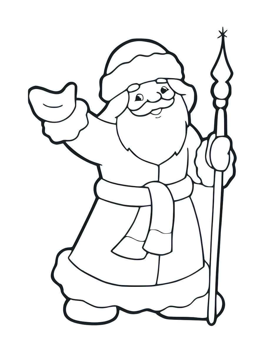 Santa Claus holding a staff and waving, ready for coloring.