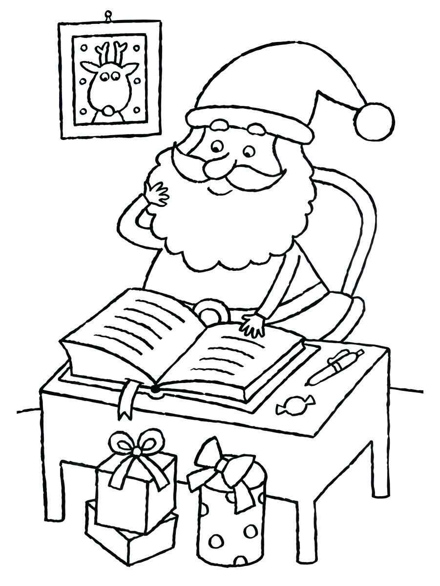 Santa Claus sitting at a table making notes about presents, perfect for coloring.