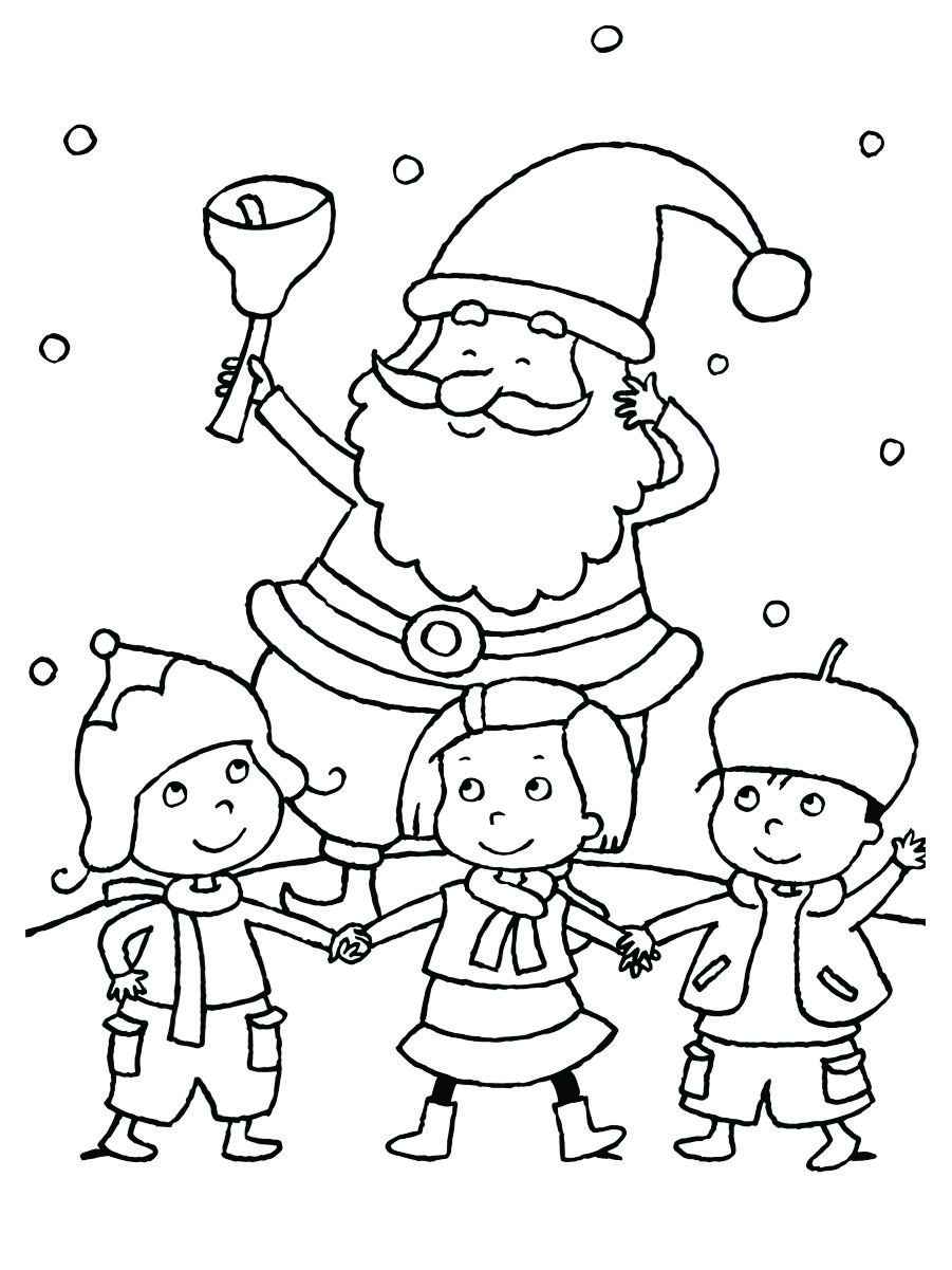 Santa Claus ringing a bell with three children holding hands and celebrating, perfect for coloring.