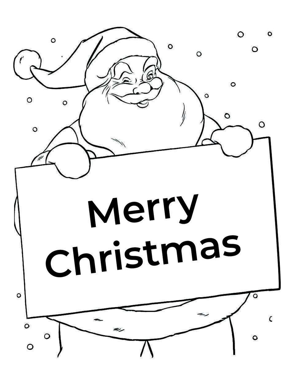 Santa Claus holding a Christmas message for kids to color.