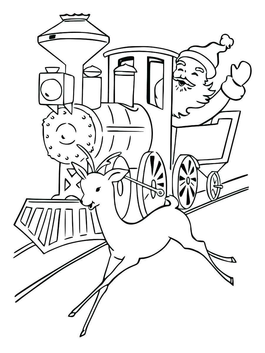 Coloring page of Santa Claus driving a train.