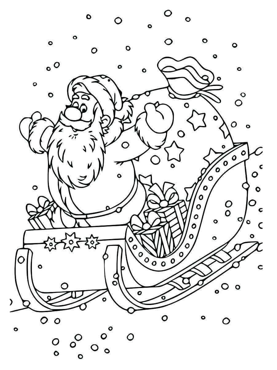 Coloring page of Santa Claus with open arms on his sleigh.