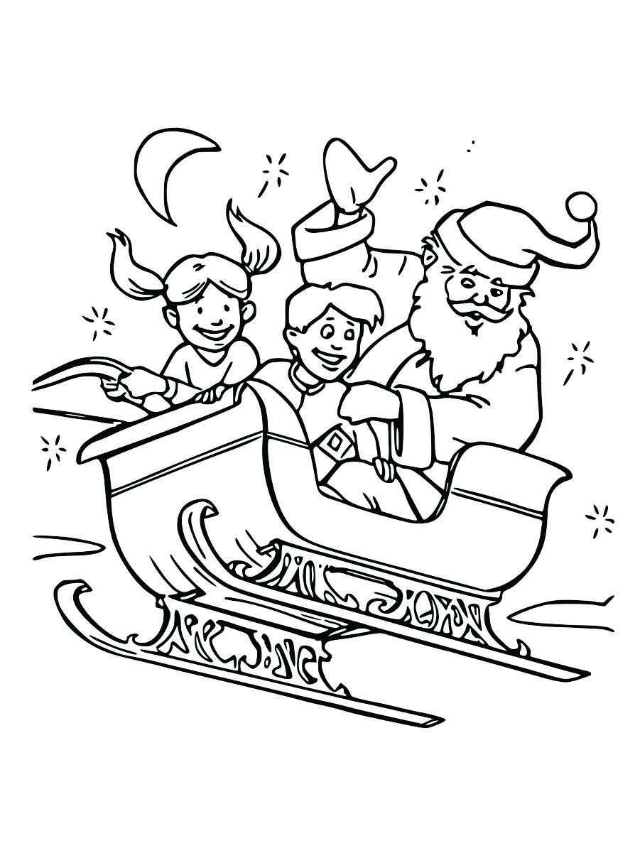 Coloring page of Santa Claus in his sleigh with two children.