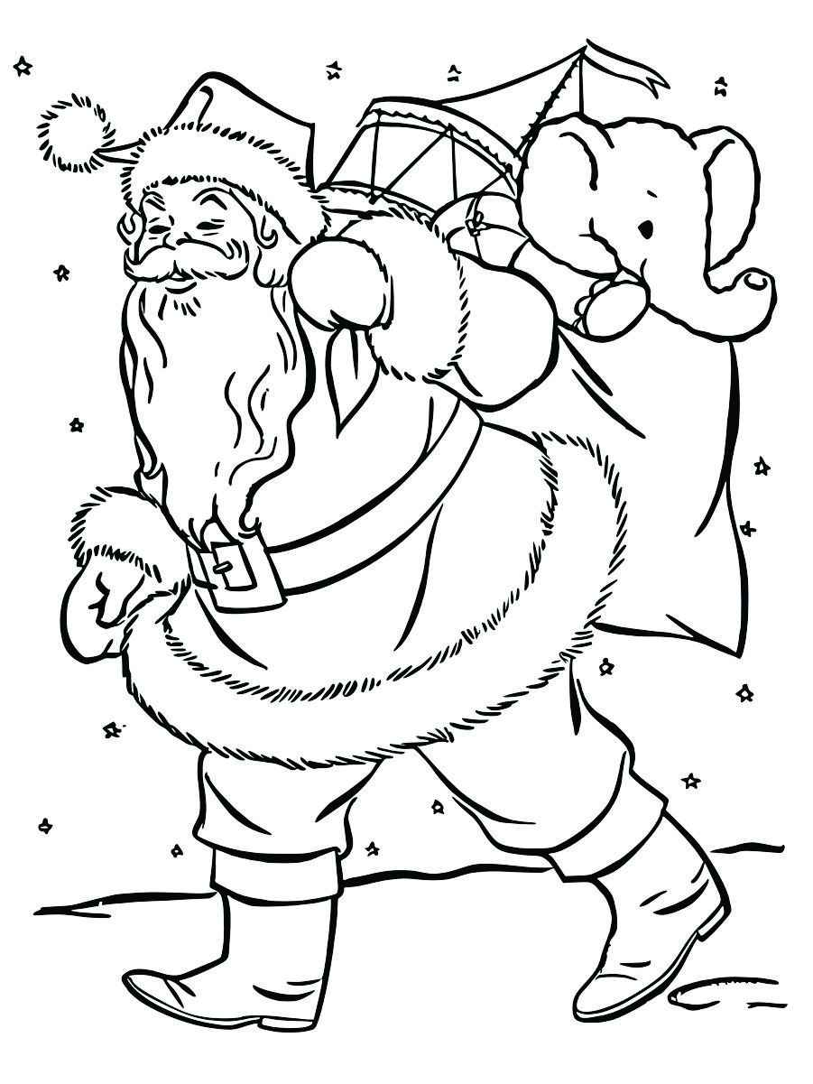 Coloring page of Santa Claus walking with a sack of gifts.