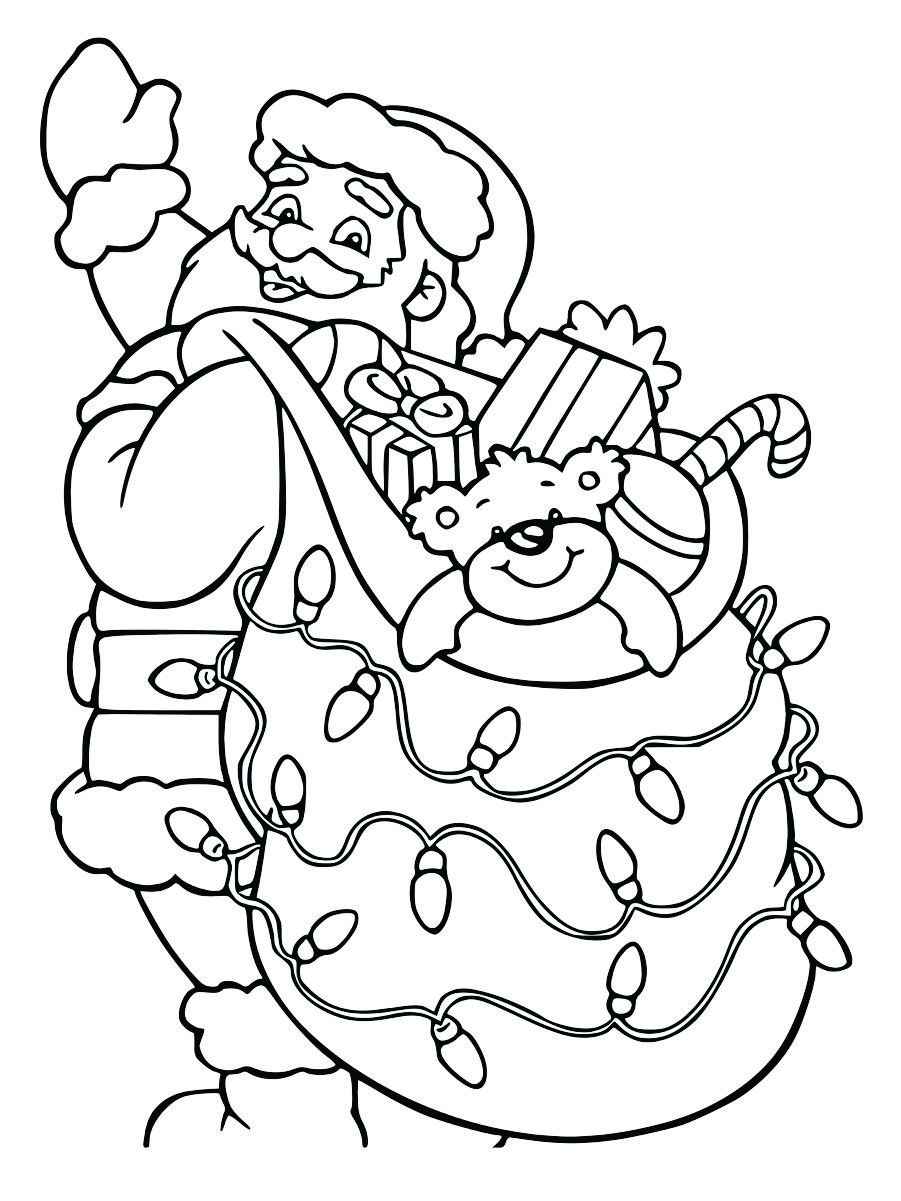 Coloring page of Santa Claus with a sack of gifts and ornaments.