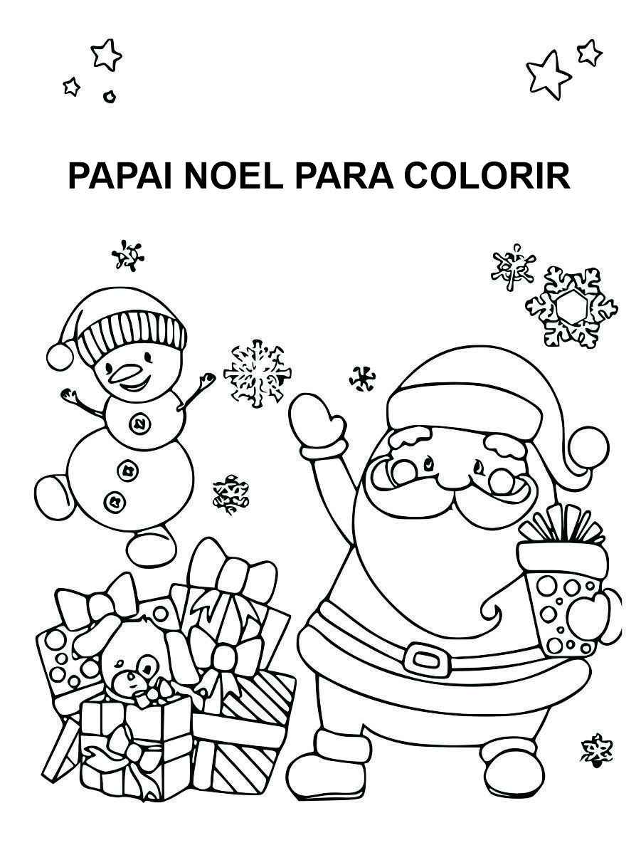 Claus coloring pages with a snowman and several gifts.