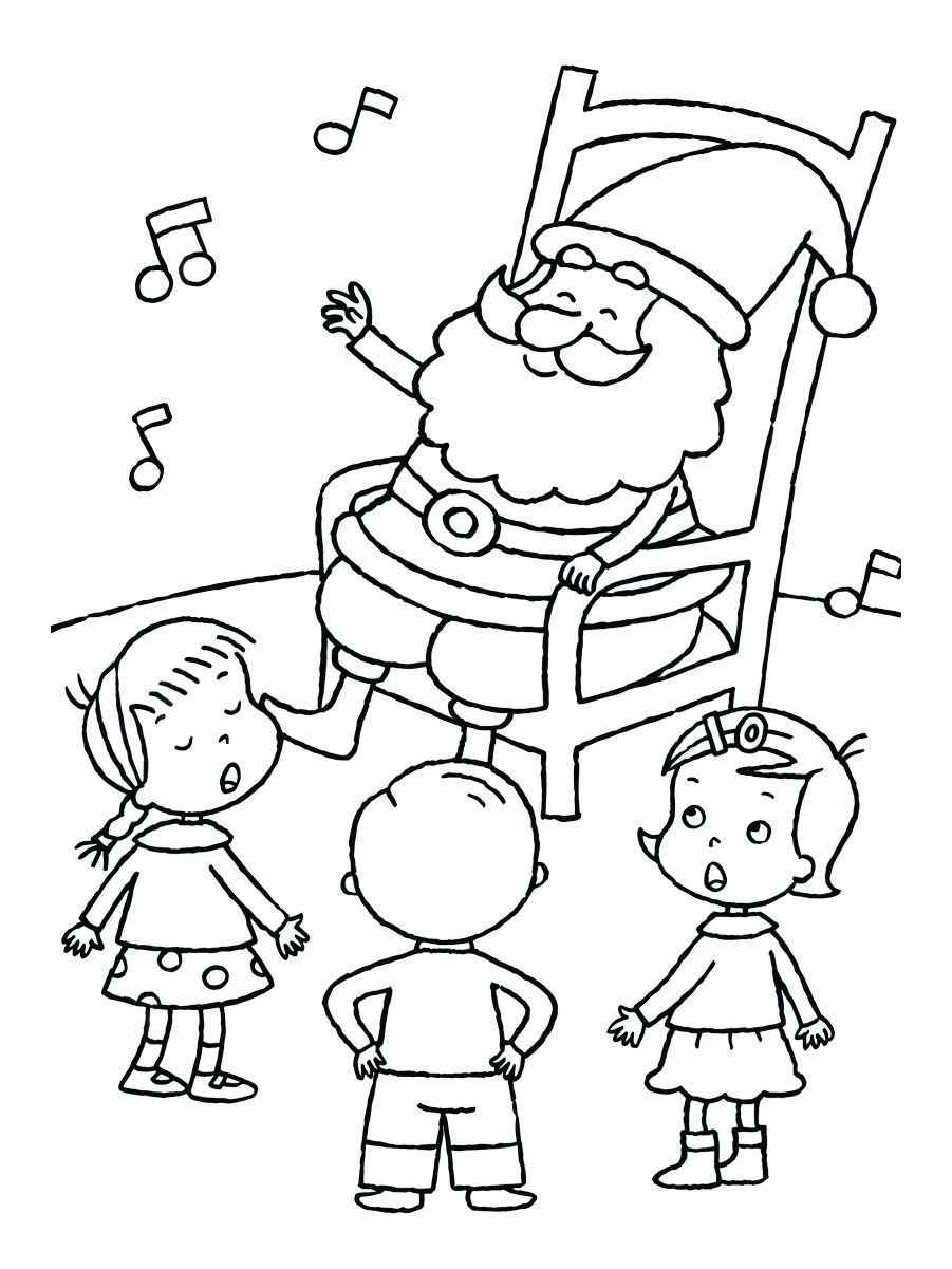 Coloring page of Santa Claus singing to three children.