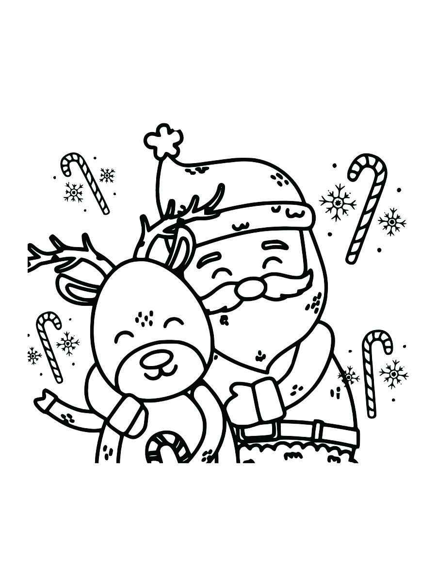 Coloring page of Santa Claus playing with a reindeer.