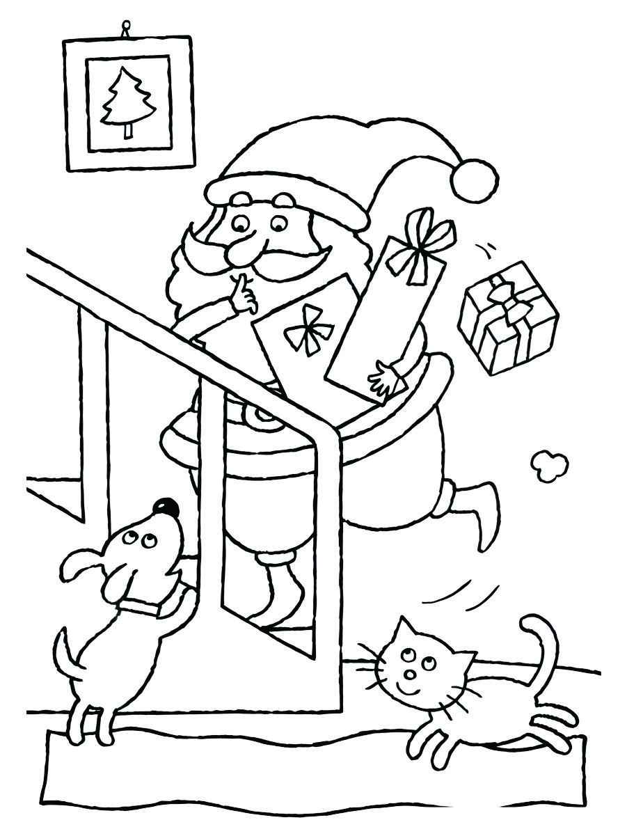 Santa Claus climbing a ladder while being chased by a dog and a cat.