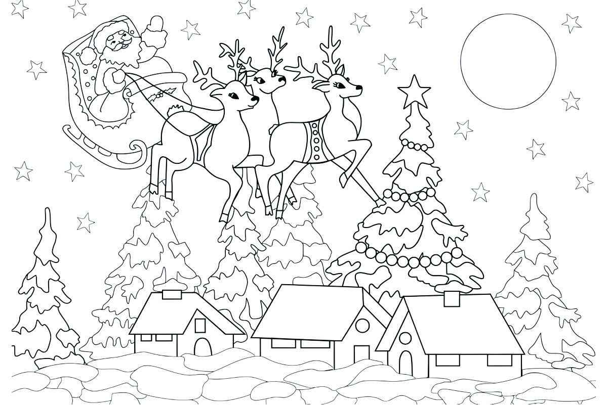 Coloring page of Santa Claus flying over houses in his sleigh.