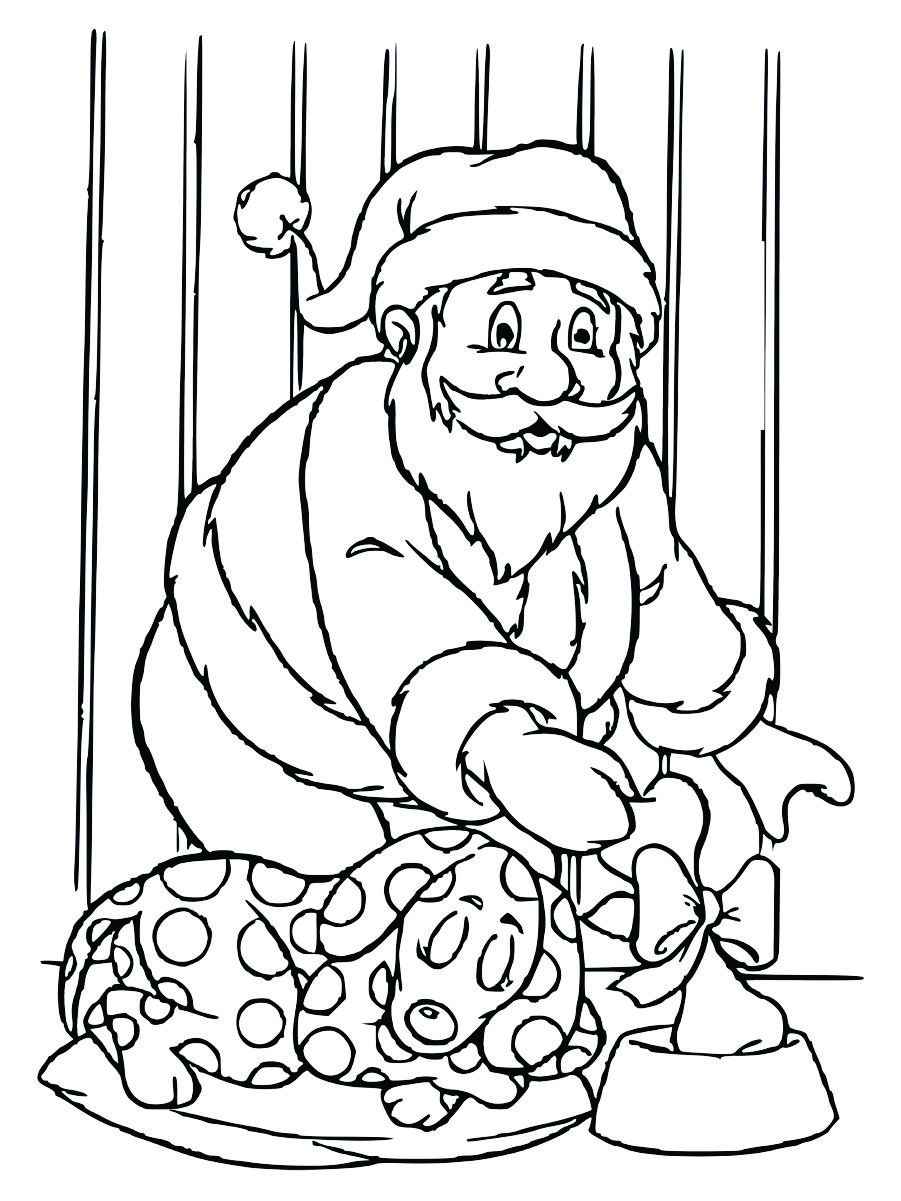 Santa Claus placing a toy for a dog, ready for coloring.