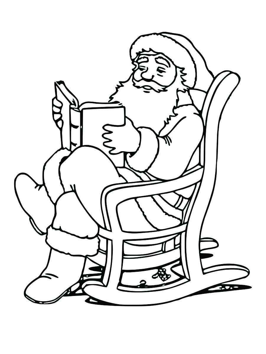 Santa Claus sitting in a chair reading a book, perfect for coloring.