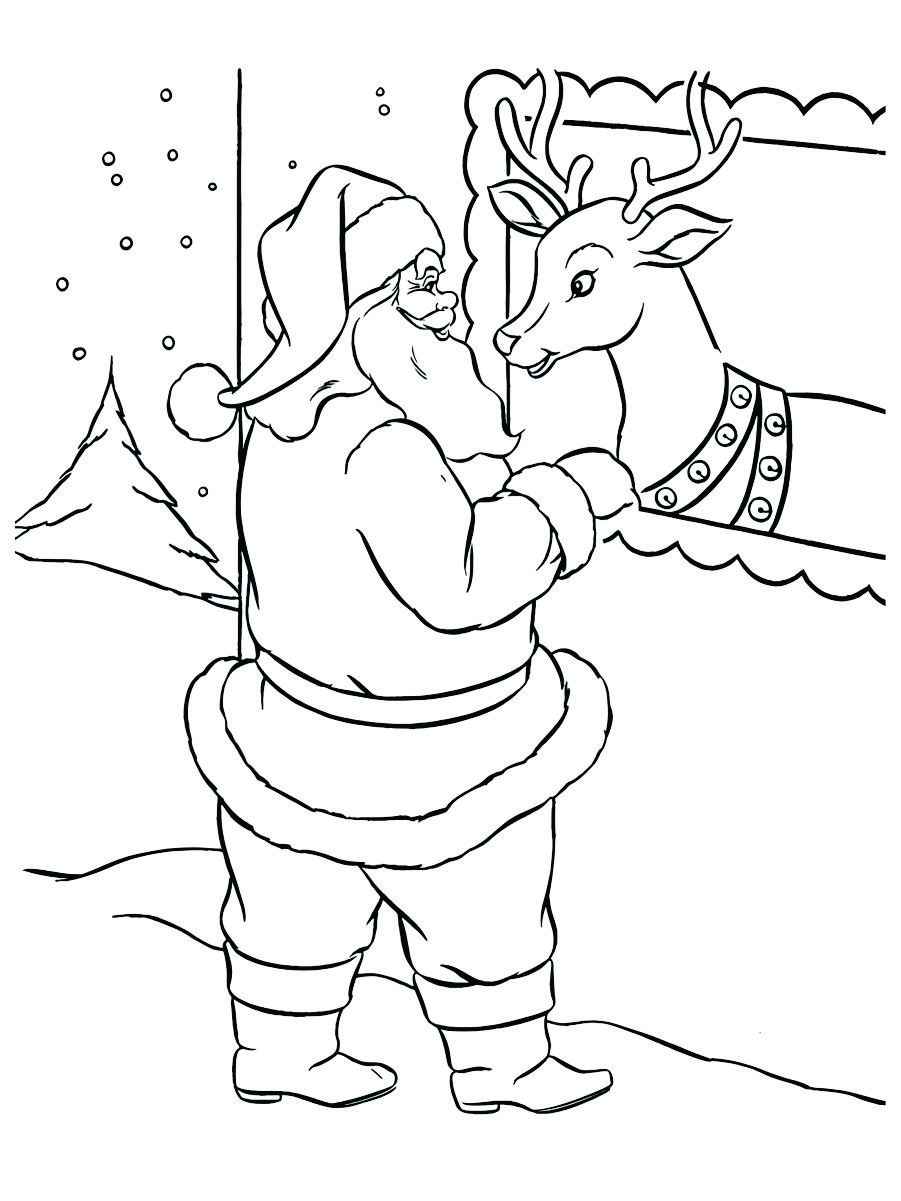 Santa Claus looking at his reindeer in the stable, perfect for coloring.