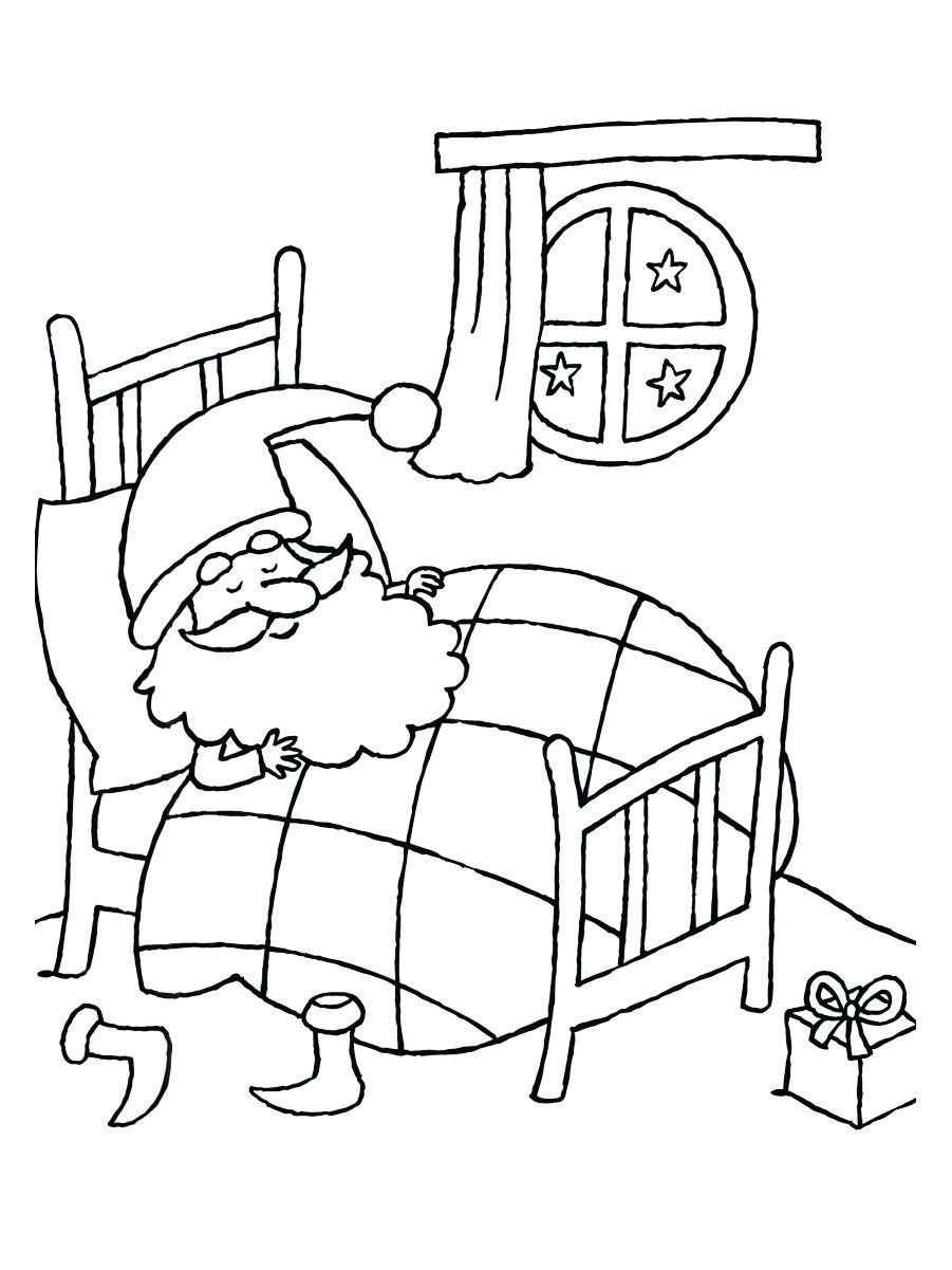 Coloring page of Santa Claus sleeping in a bed.