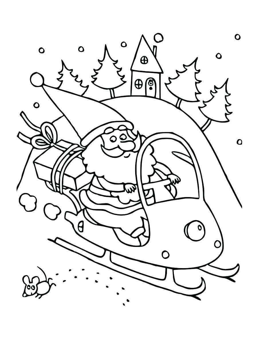 Coloring page of Santa Claus delivering a present on a snowmobile.