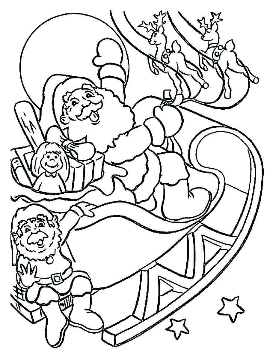 Coloring page of Santa Claus ascending into the sky in his magical sleigh.