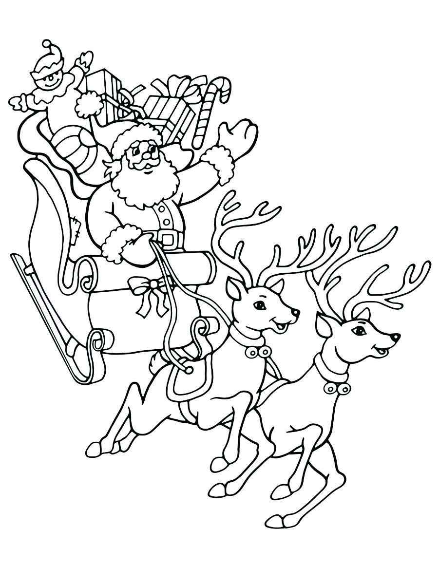 Coloring page of Santa Claus with his sleigh full of gifts.