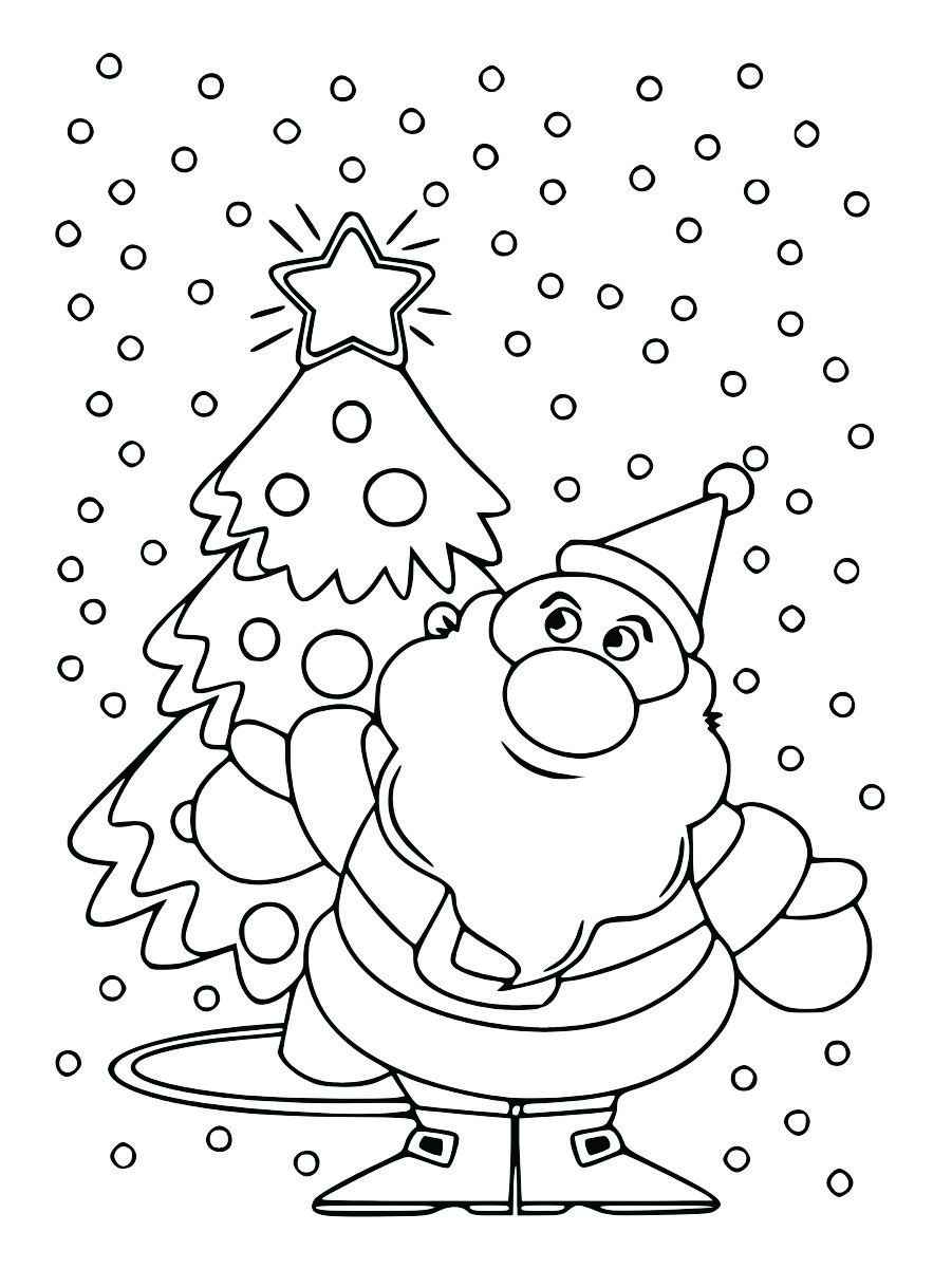 Coloring page of Santa Claus next to a Christmas tree.