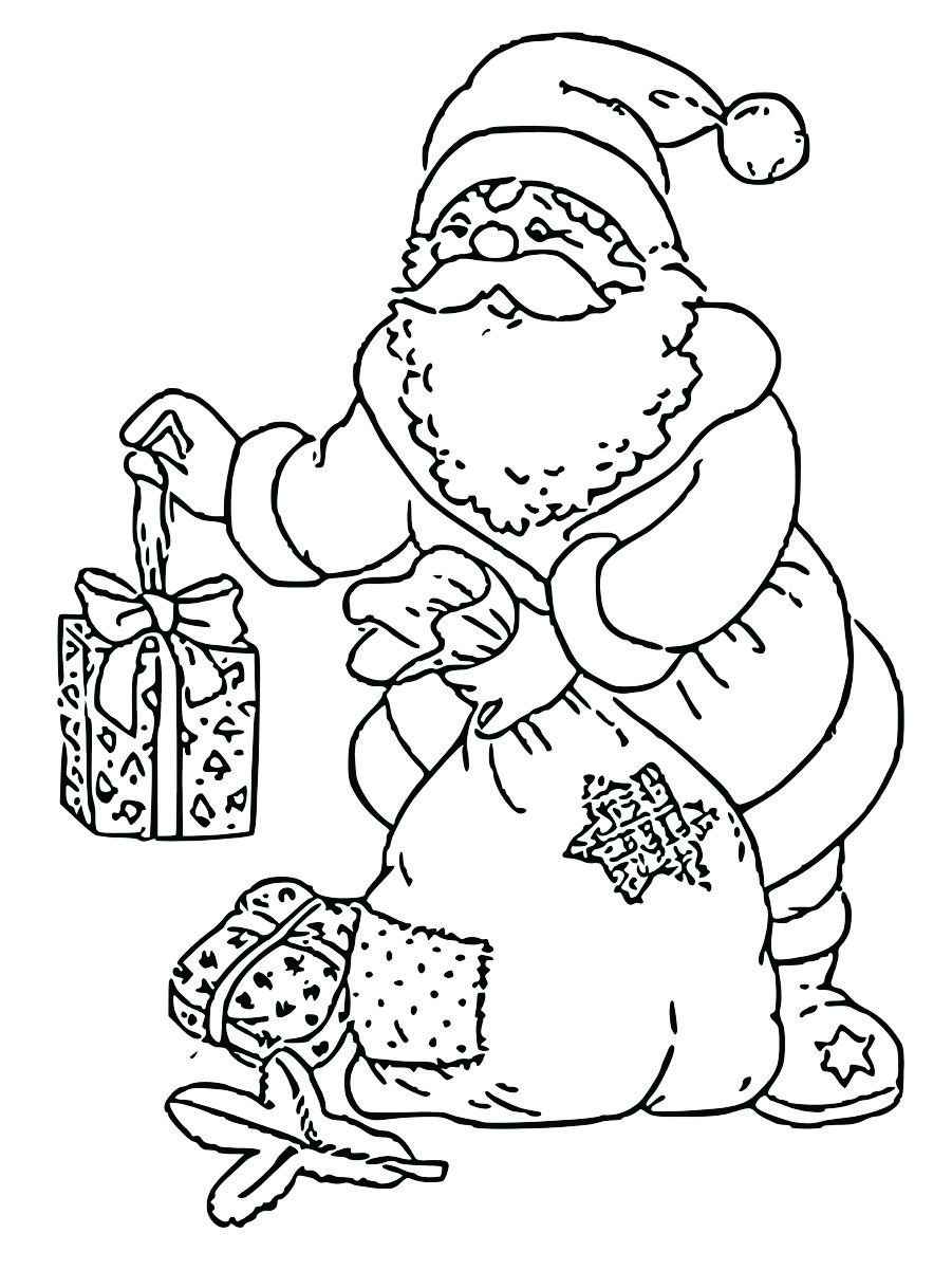 Santa Claus with a big bag of presents for coloring fun.