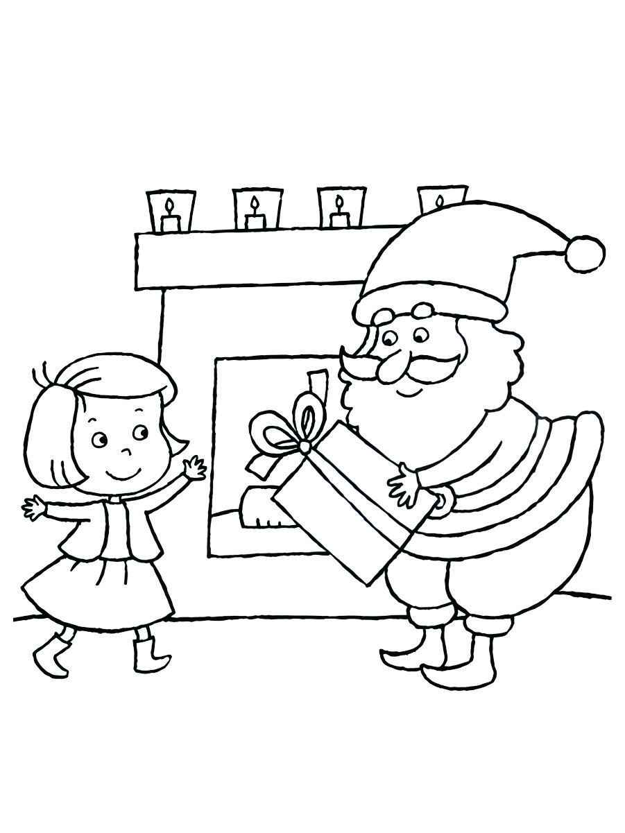 Coloring page of Santa Claus giving a present to a child.