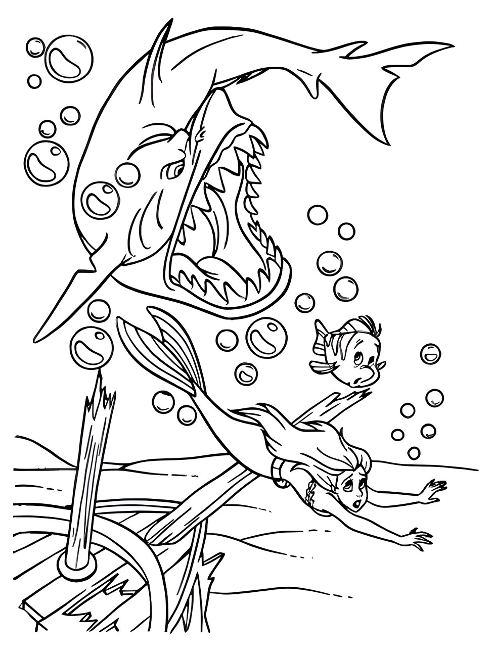 Shark Chasing Princess Ariel Coloring Page