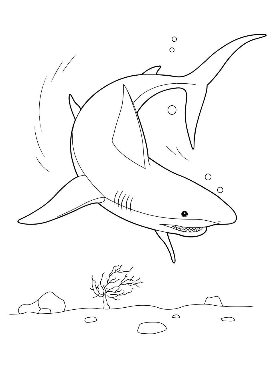 Coloring page of a shark underwater.